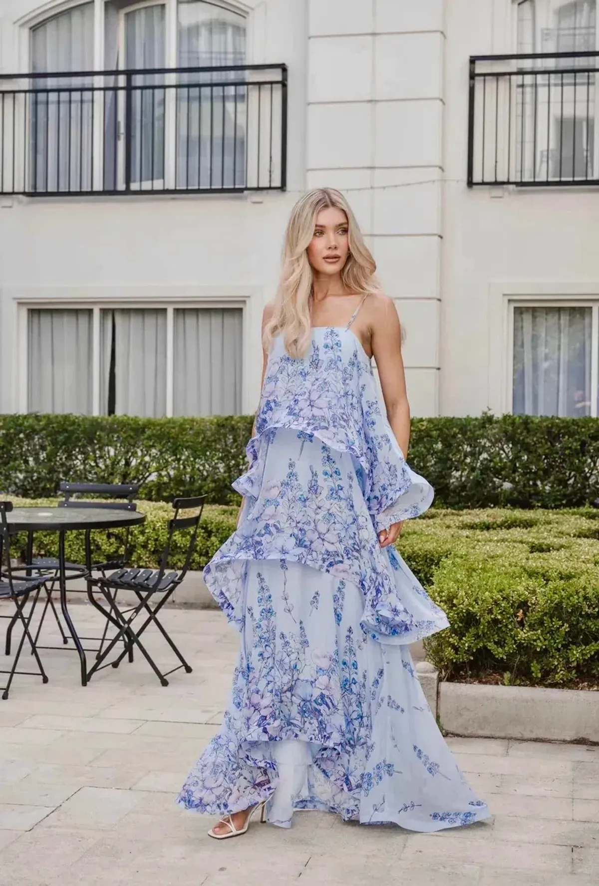 Armani Tiered Maxi Dress in Baby Blue Floral Size 8 - Image 1