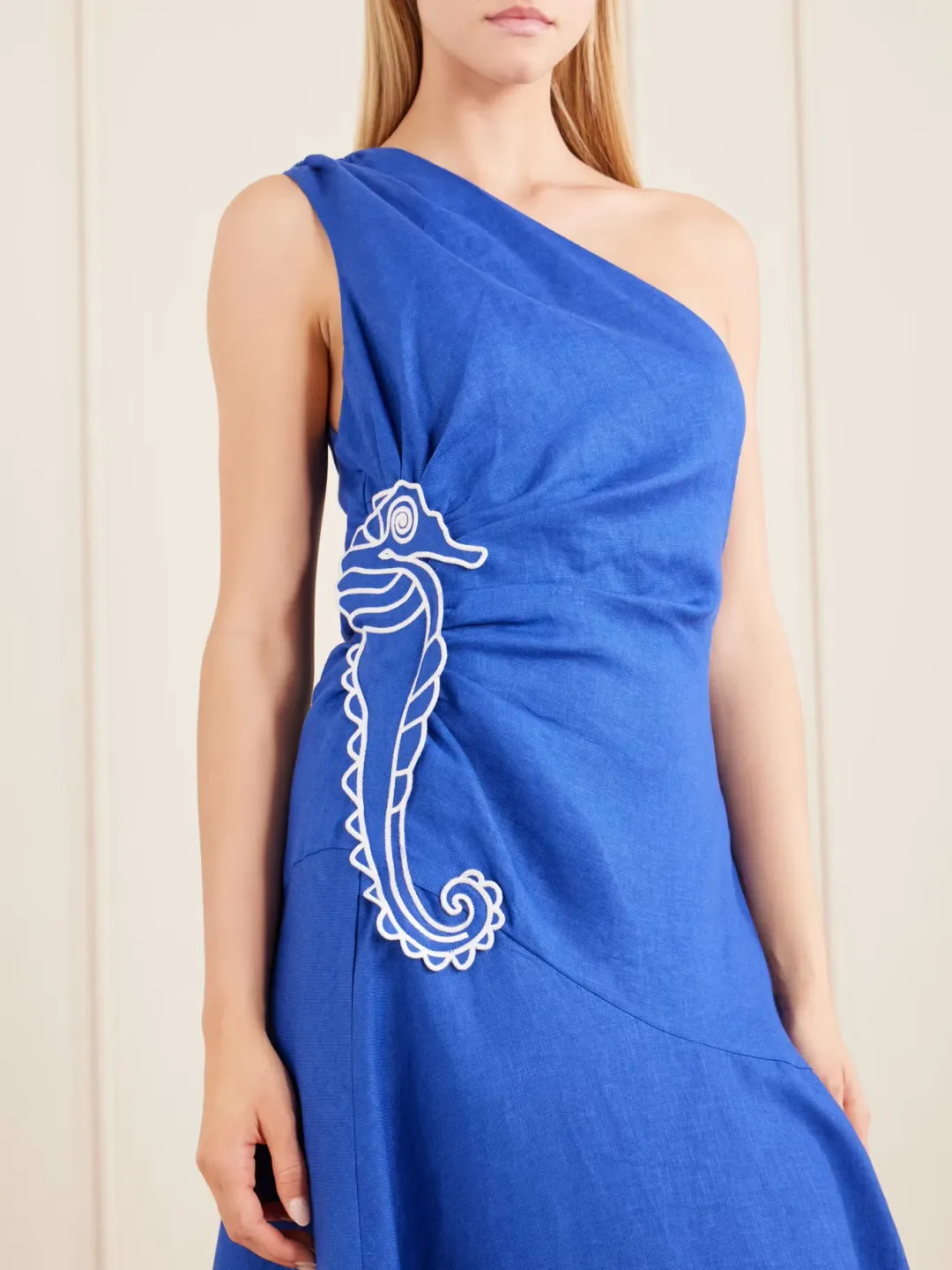 Farm Rio seahorse one shoulder linen maxi dress blue M for rent on The Volte - main image