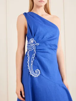 Farm Rio seahorse one shoulder linen maxi dress blue M for rent on The Volte - image 2