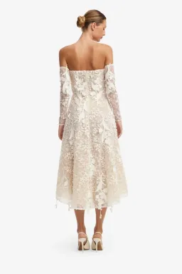 Off-Shoulder Embellished Lace Bustier Midi Dress by Leo Lin size 8 for rent on The Volte - image 4