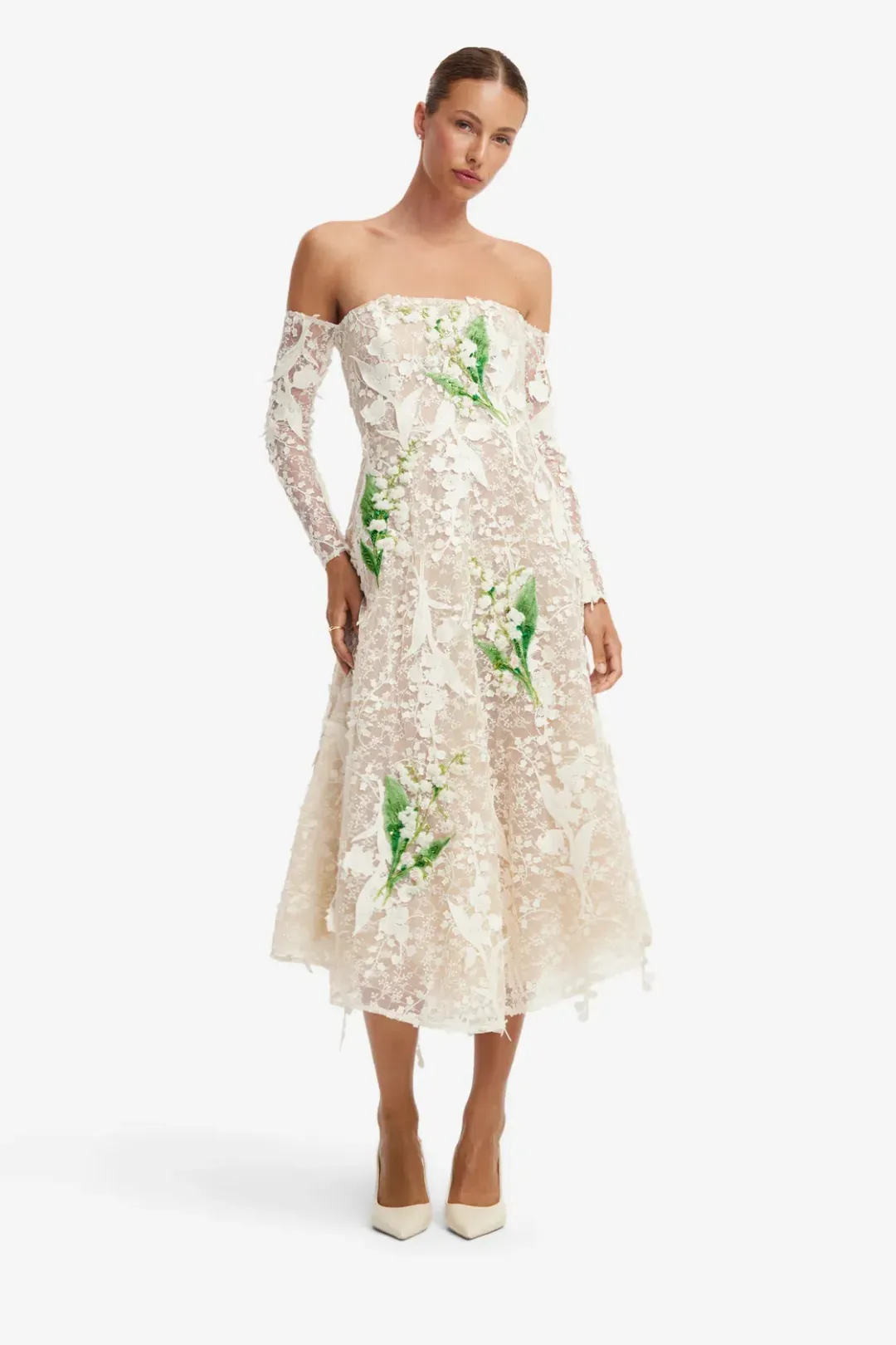 Off-Shoulder Embellished Lace Bustier Midi Dress by Leo Lin size 8 for rent on The Volte - main image