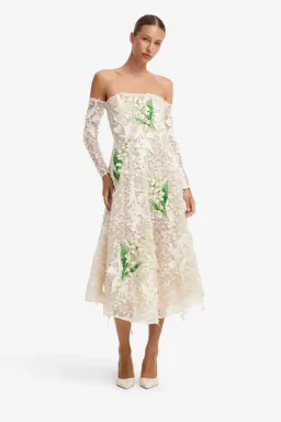 Off-Shoulder Embellished Lace Bustier Midi Dress by Leo Lin size 8 for rent on The Volte - image 2