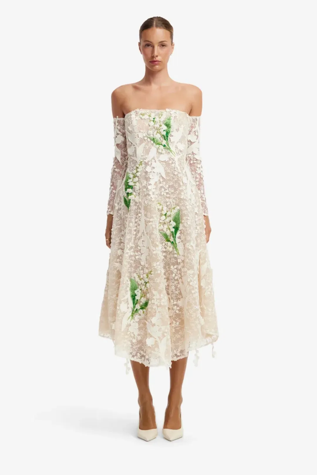 Off-Shoulder Embellished Lace Bustier Midi Dress by Leo Lin size 8 for rent on The Volte - main image