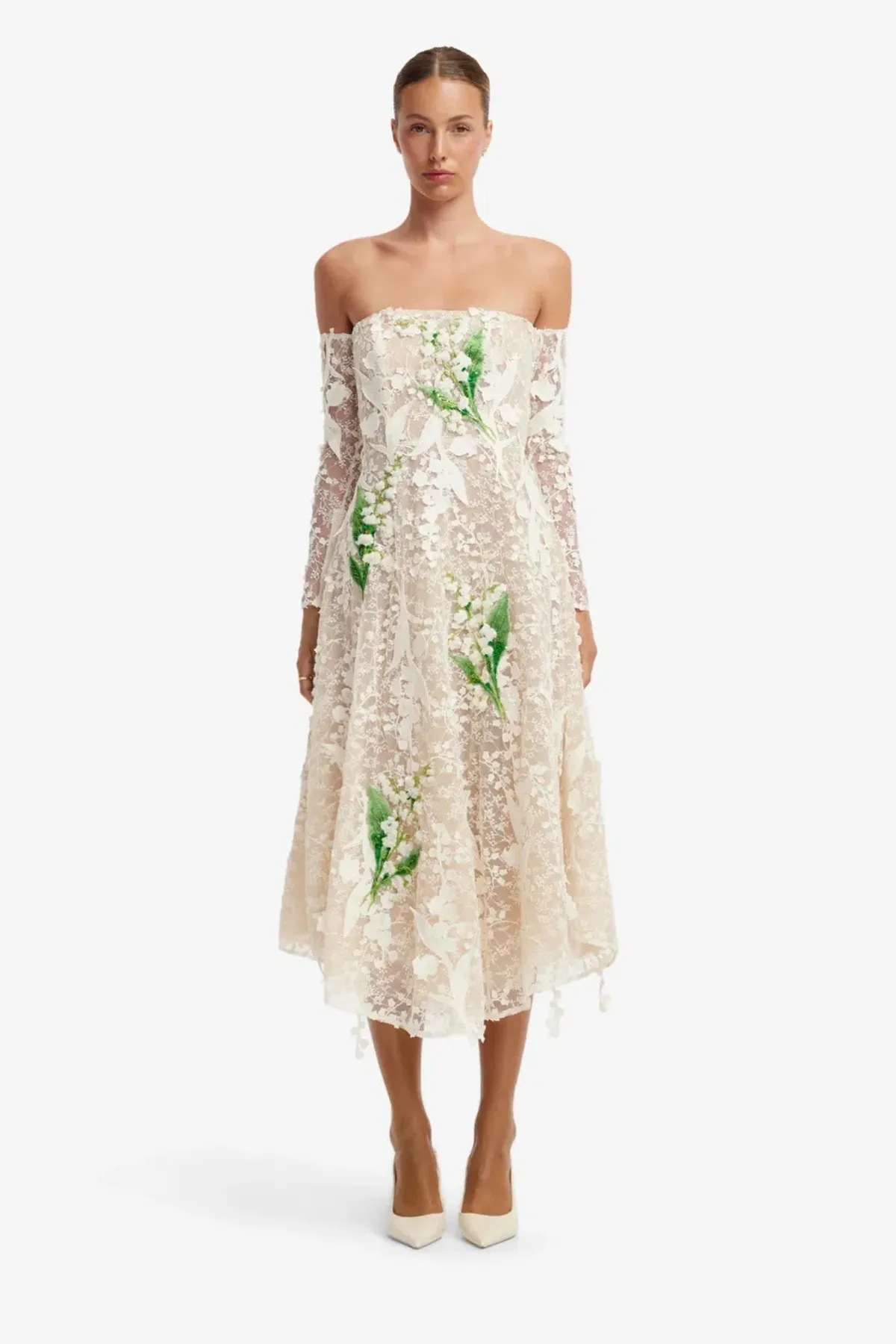 Off-Shoulder Embellished Lace Bustier Midi Dress by Leo Lin size 8 for rent on The Volte - main image