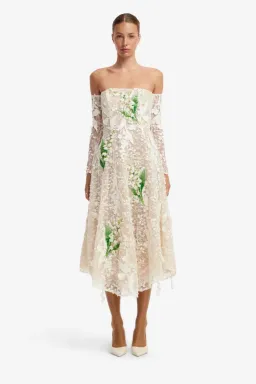 Off-Shoulder Embellished Lace Bustier Midi Dress by Leo Lin size 8 for rent on The Volte - image 1
