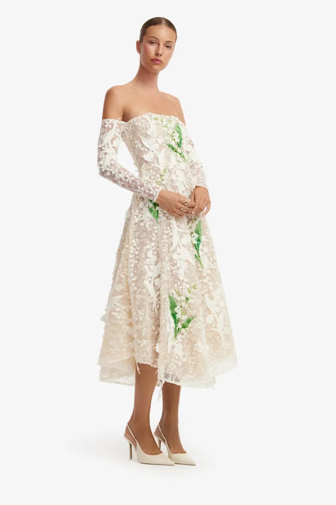 Off-Shoulder Embellished Lace Bustier Midi Dress by Leo Lin size 8 for rent on The Volte - main image
