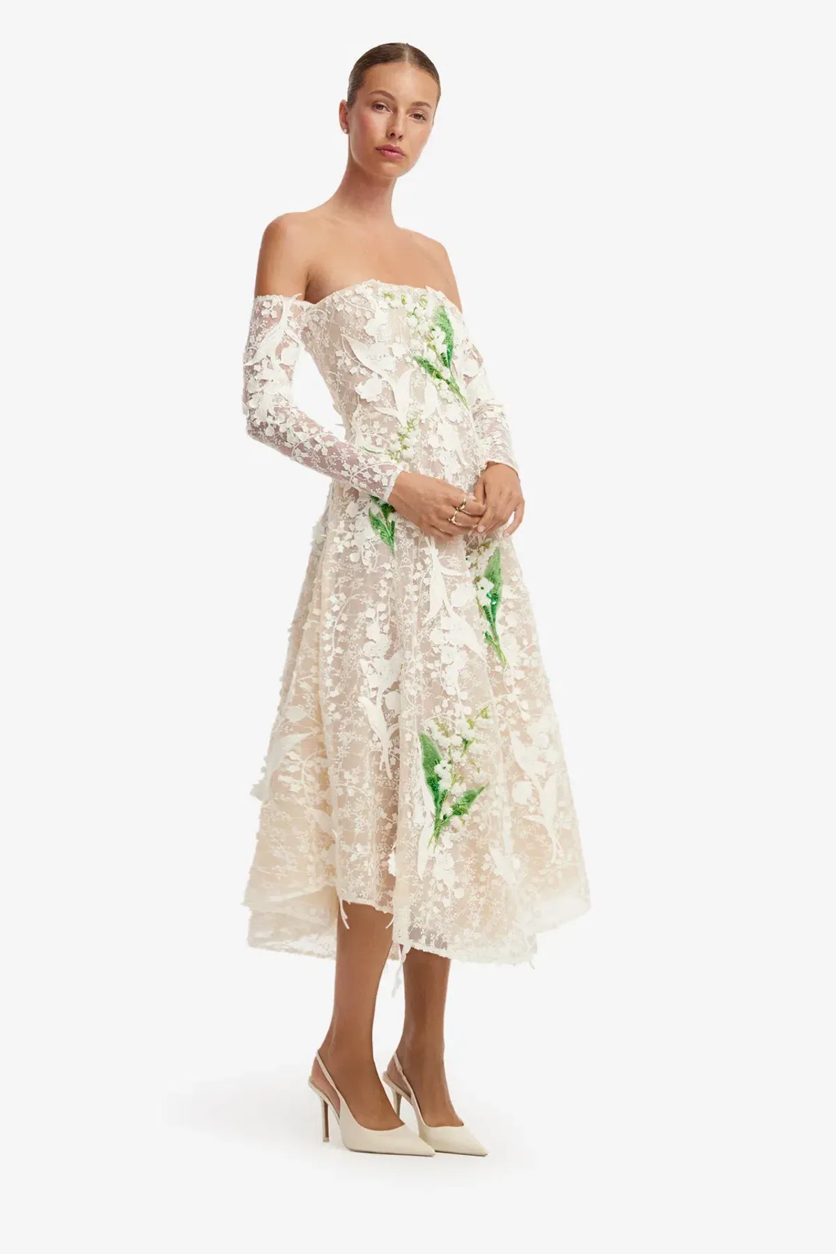 Off-Shoulder Embellished Lace Bustier Midi Dress by Leo Lin size 8 - Image 3