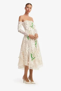 Off-Shoulder Embellished Lace Bustier Midi Dress by Leo Lin size 8 for rent on The Volte - image 3