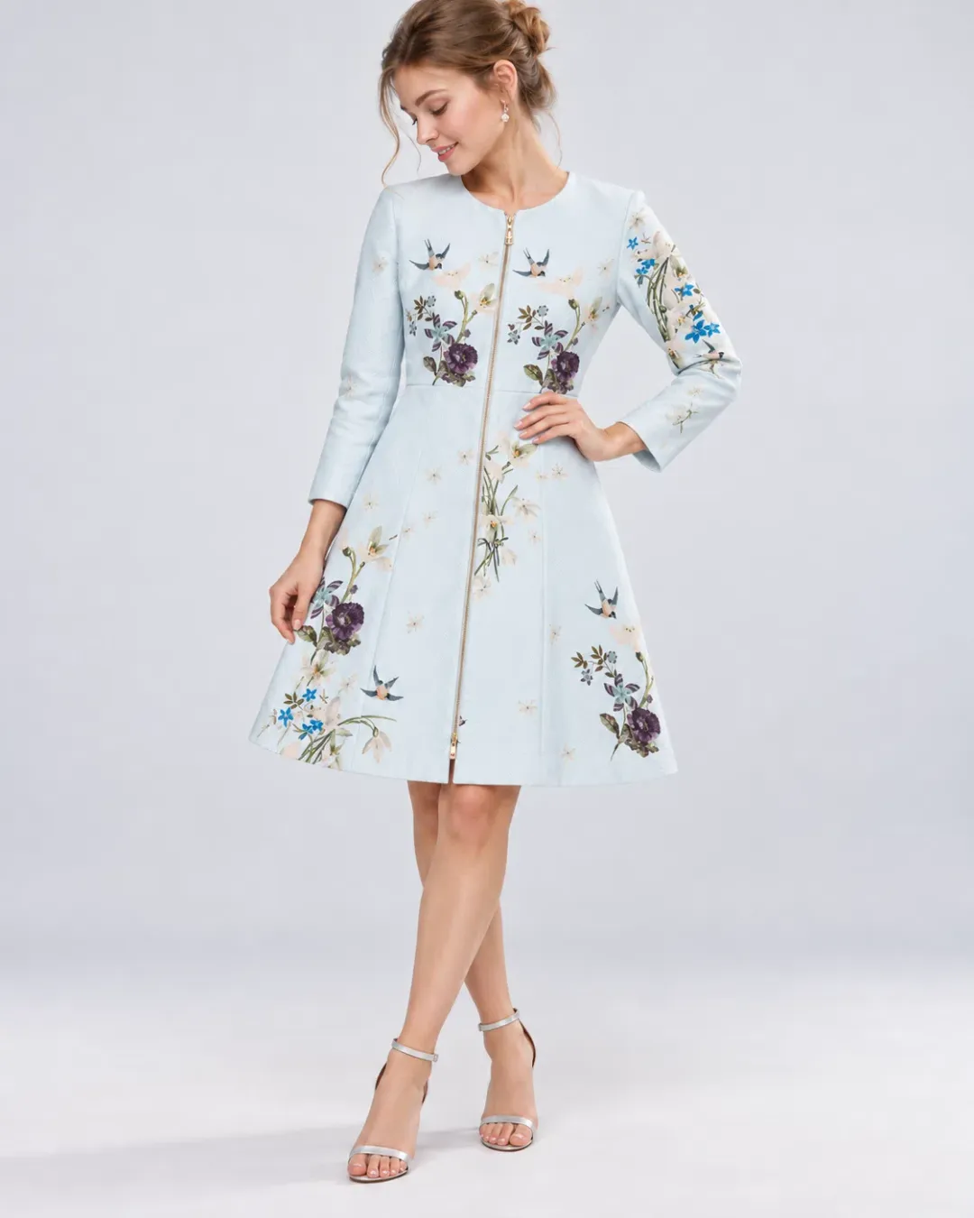 Ted Baker Racheel Spring Meadow Floral Dress Coat Baby Blue Size 3 / AU 12 for rent on The Volte - main image