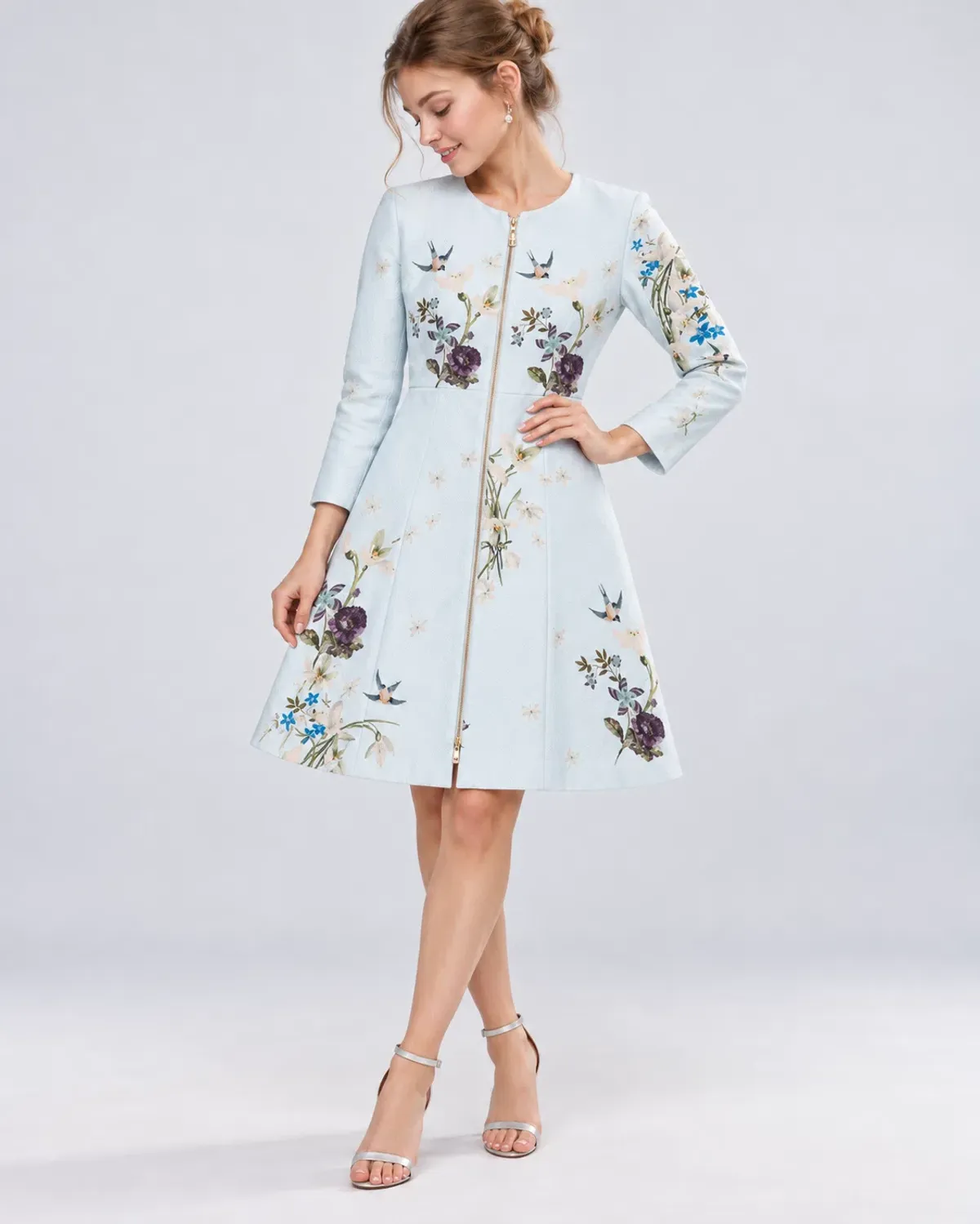 Ted Baker Racheel Spring Meadow Floral Dress Coat Baby Blue Size 3 / AU 12 for rent on The Volte - main image