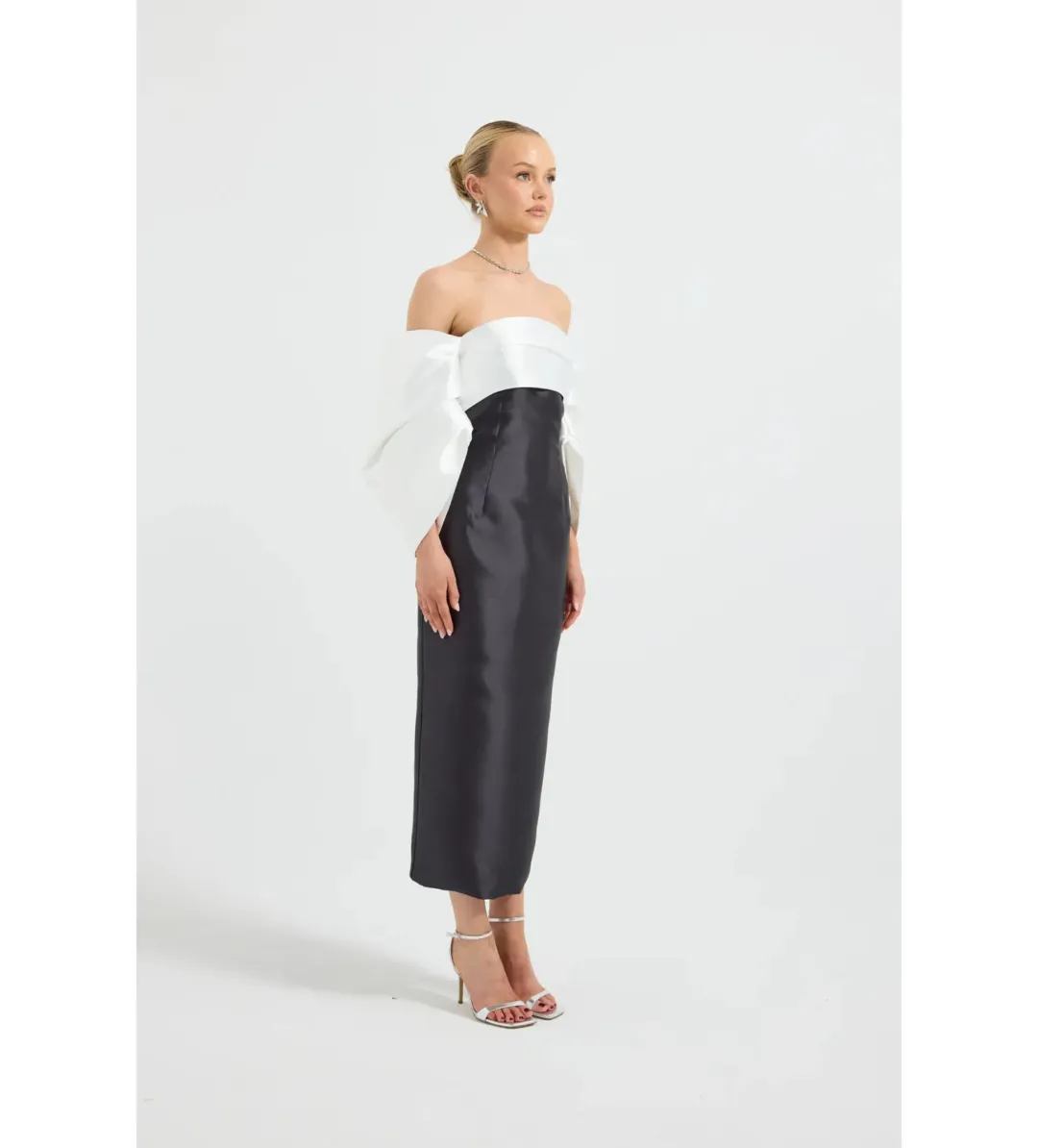 Pasduchas Matilda Shoulder Midi Dress in Black/White Size AU10 for rent on The Volte - main image