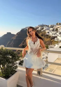HOUSE OF CB NYRA WHITE LACE + SATIN HALTER NECK MINI DRESS IN WHITE SIZE S / AU 8 for rent on The Volte - image 1