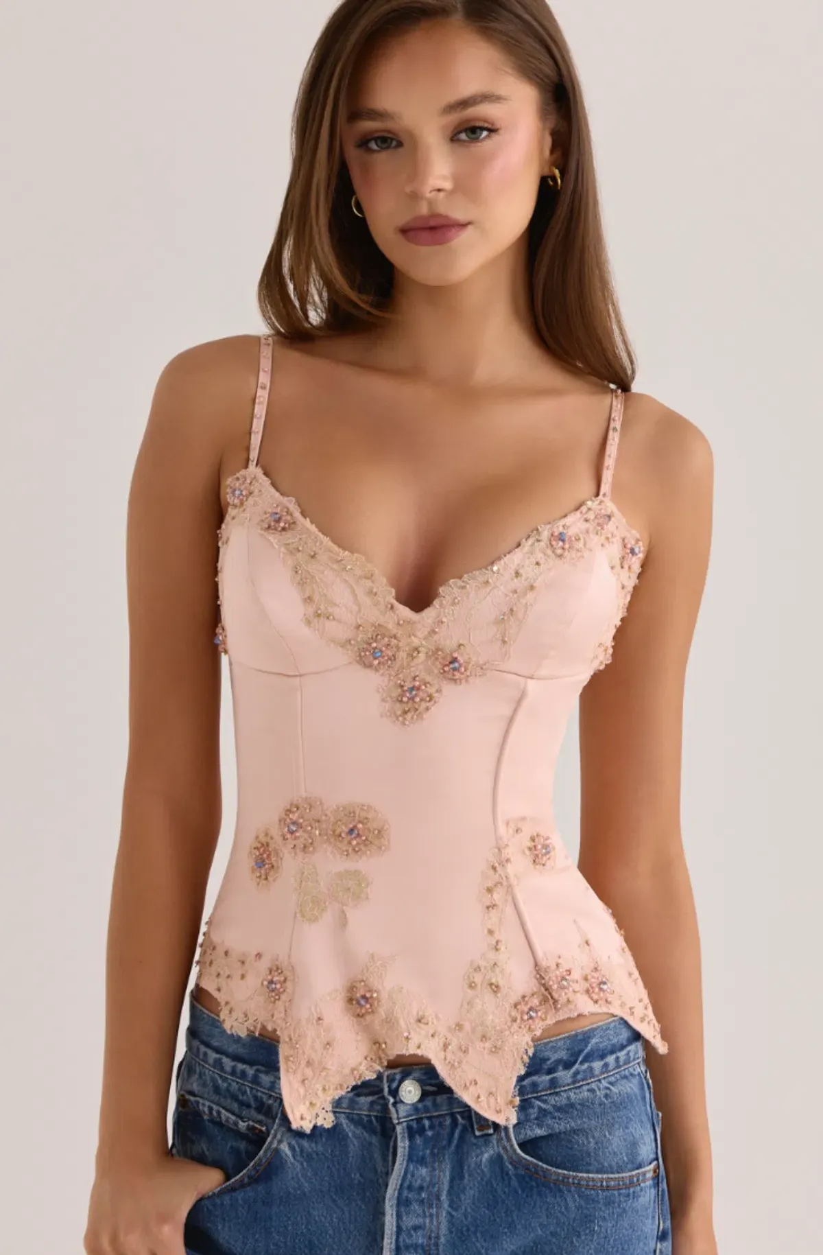 House of CB Saloma Blush Satin Custom Hand Beaded Embellished Pink Corset Top - Limited Edition Size XS / AU 6-8 - Image 1