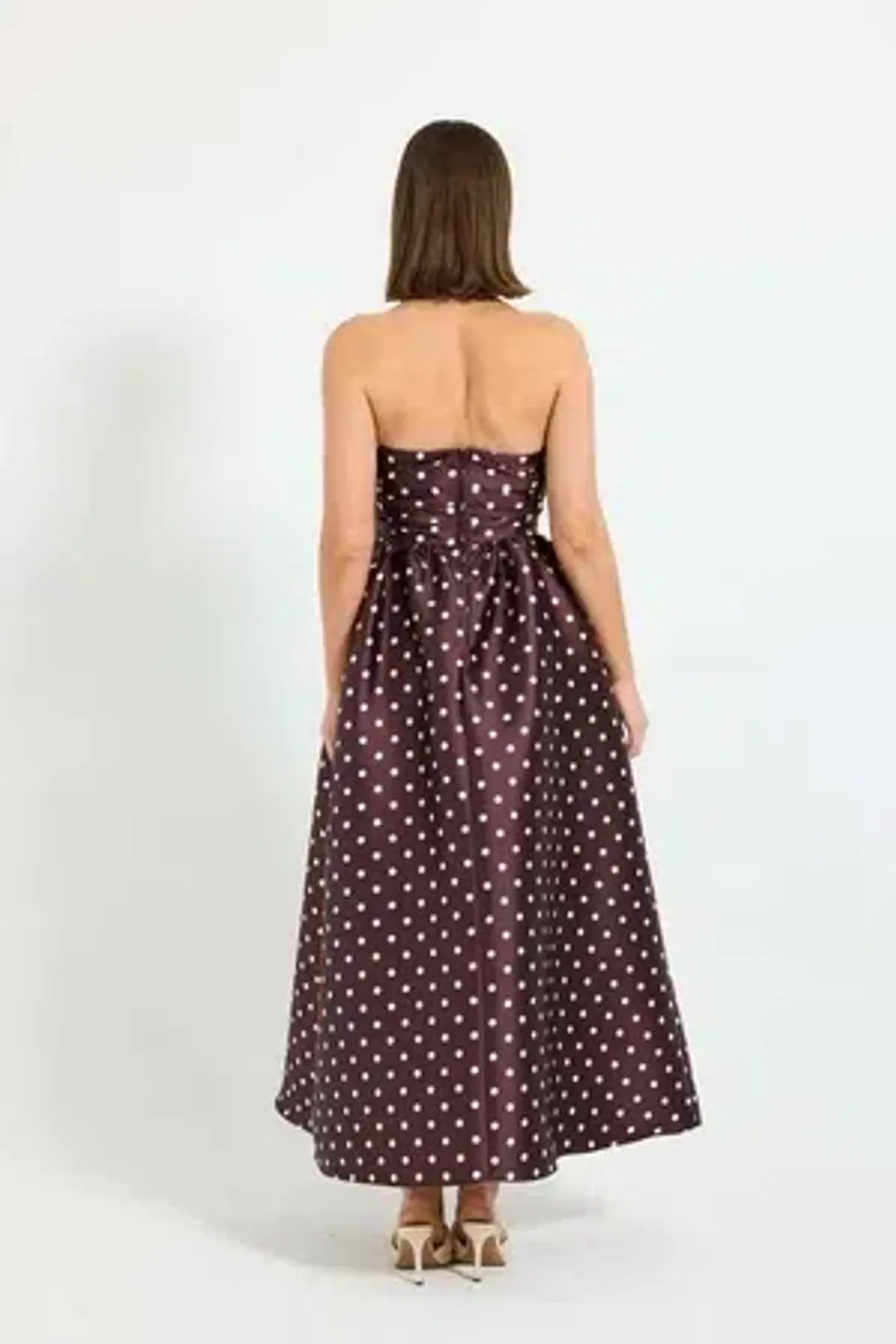 Pasduchas - Alistair Strapless Midi Dress - Blackberry&Cream Polka Dot - Size 8 for rent on The Volte - main image