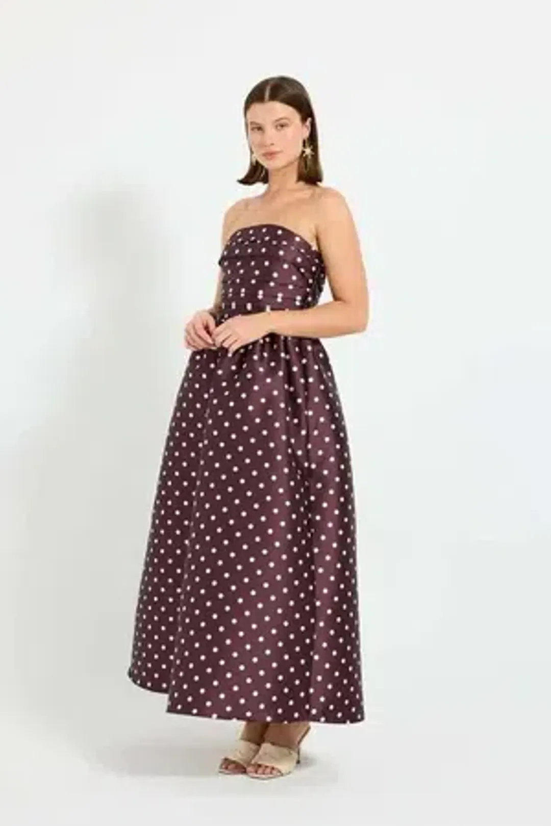 Pasduchas - Alistair Strapless Midi Dress - Blackberry&Cream Polka Dot - Size 8 for rent on The Volte - main image