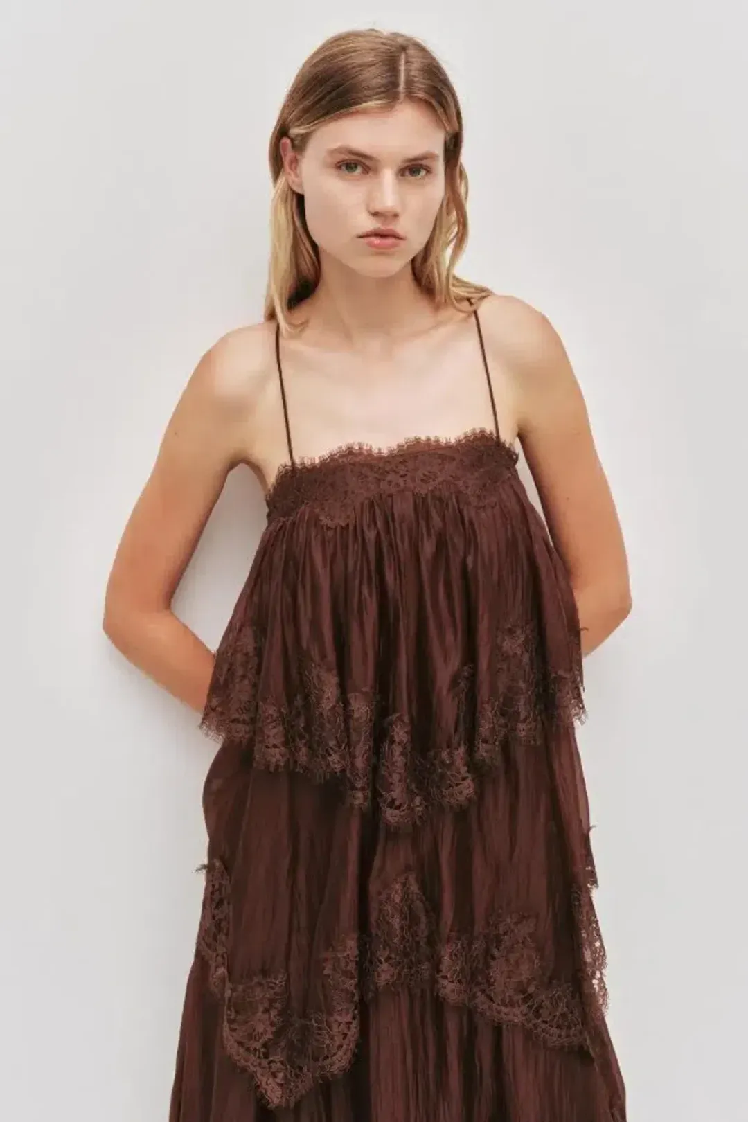 🤎 Aje Ophelia Lace Gown in Chocolate Brown - Size 12 AU - Tiered Layered Maxi Dress 🤎 for rent on The Volte - main image