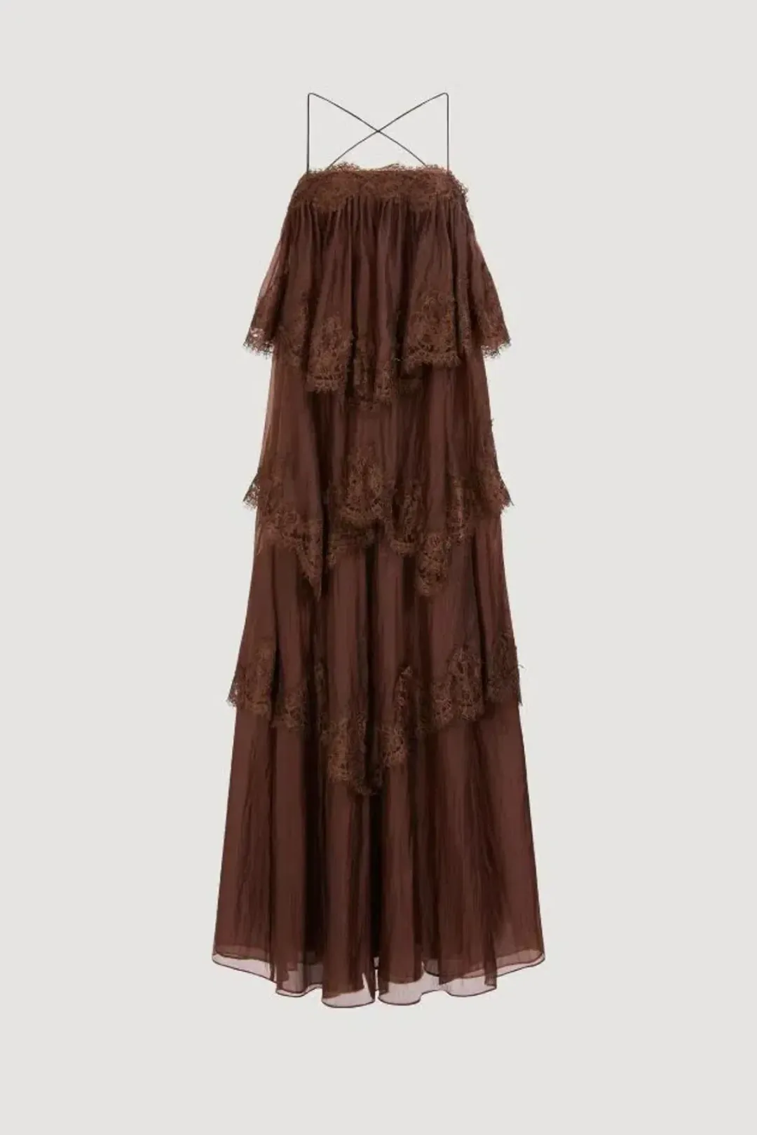 🤎 Aje Ophelia Lace Gown in Chocolate Brown - Size 12 AU - Tiered Layered Maxi Dress 🤎 for rent on The Volte - main image