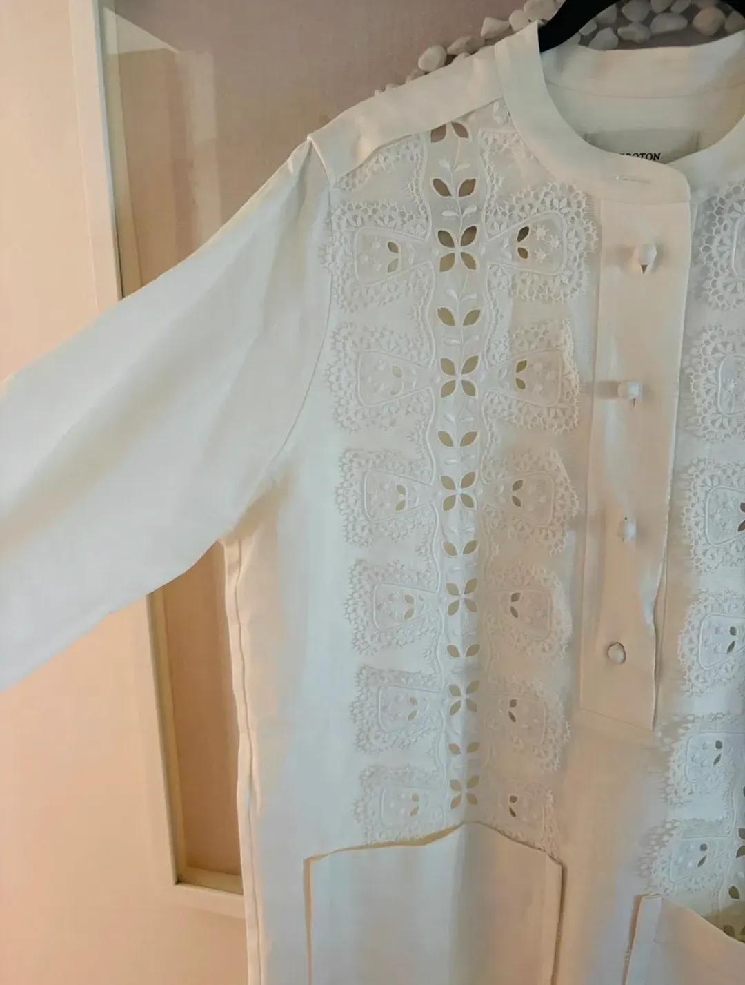 Oroton button-front shirt cutout embroidery panels on the front Size:10 Ivory colour for rent on The Volte - main image