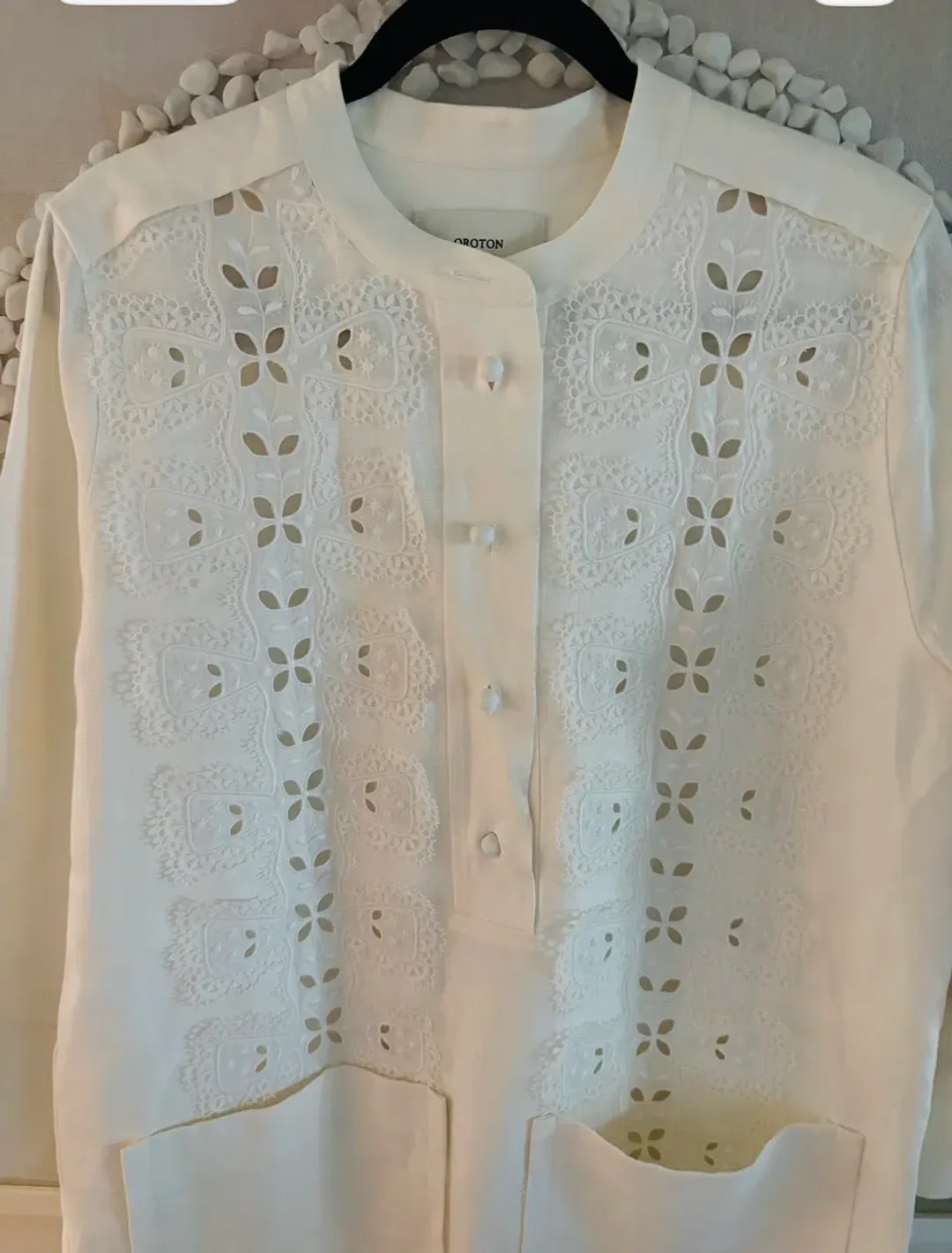 Oroton button-front shirt cutout embroidery panels on the front Size:10 Ivory colour for rent on The Volte - main image