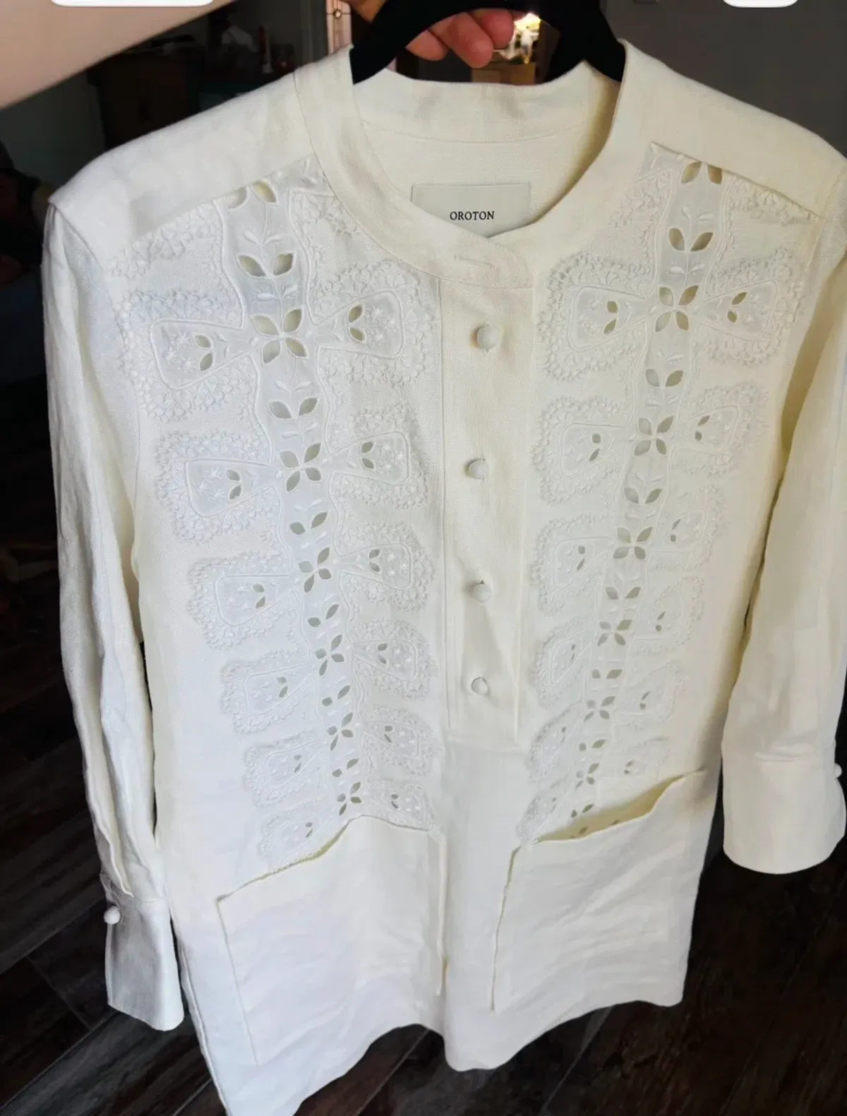 Oroton button-front shirt cutout embroidery panels on the front Size:10 Ivory colour for rent on The Volte - main image