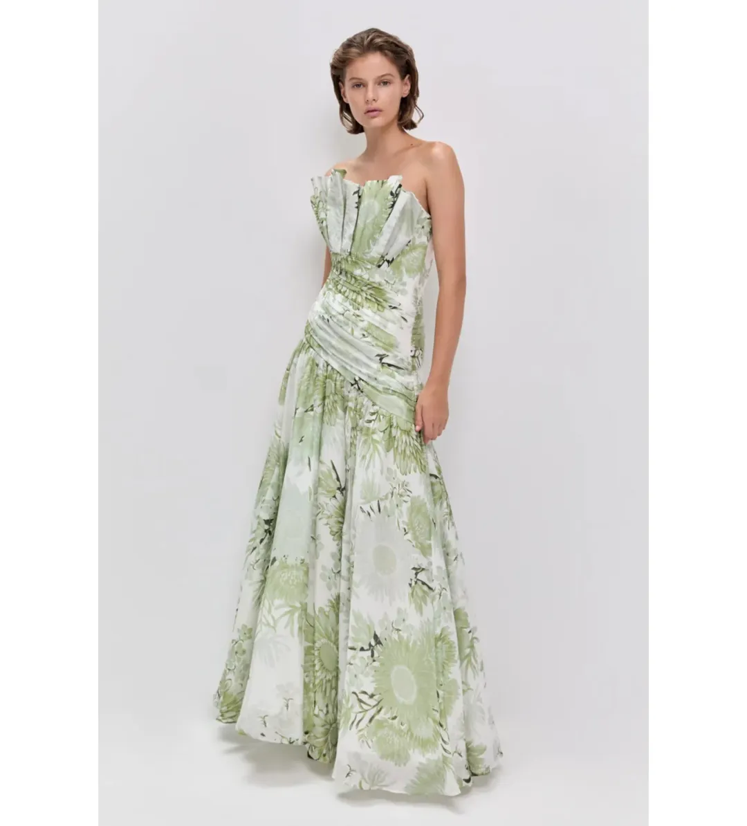 Aje Reflector Gown in Olive Native Floral Size AU14 for rent on The Volte - main image