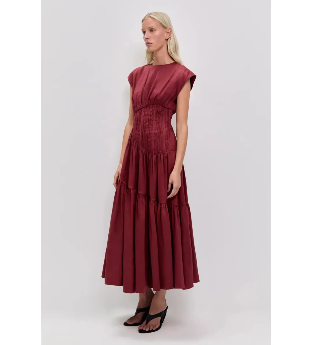 Aje Ecliptica Midi Dress in Mahogany Size AU14 for rent on The Volte - main image