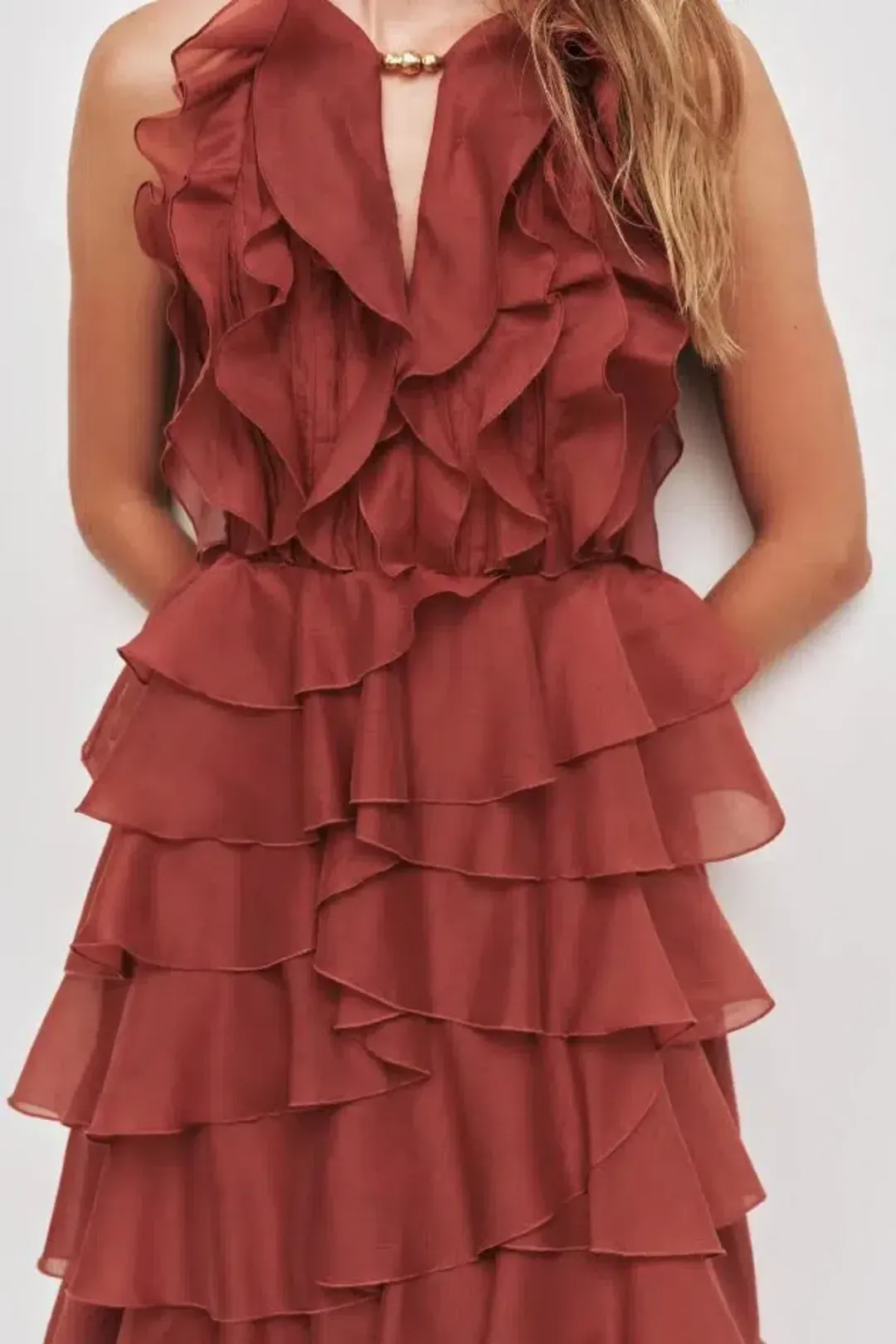 🤎 AJE Cleo Gown in Rust Brown - Size 10 - Ruffle Tiered Maxi Dress 🤎 for rent on The Volte - main image