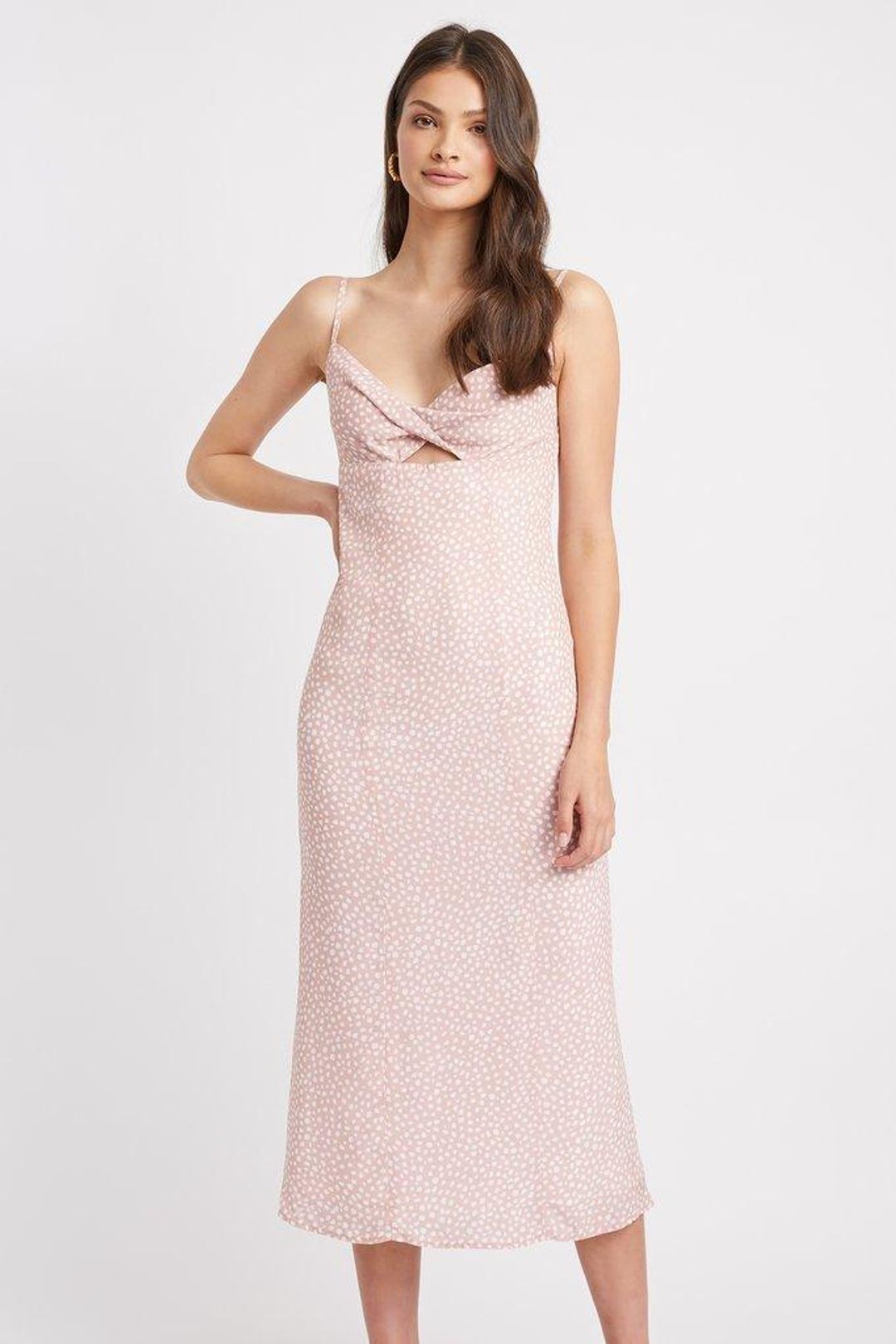 Kookai Karlie Twist Midi Dress Blush Print Size 8 for rent on The Volte - main image