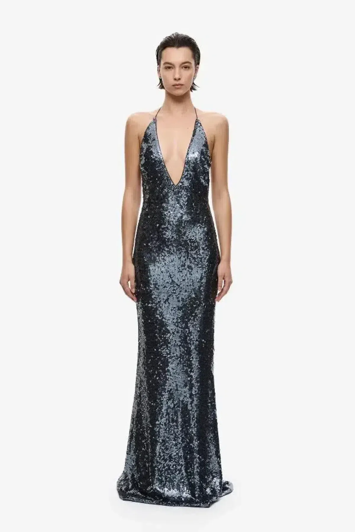 BRAND NEW 🩶 Misha "THE PLUNGE" Silver Sequin Jersey Maxi Dress - Size L / 12 AU - Gunmetal Grey Gown 🩶 - Image 1