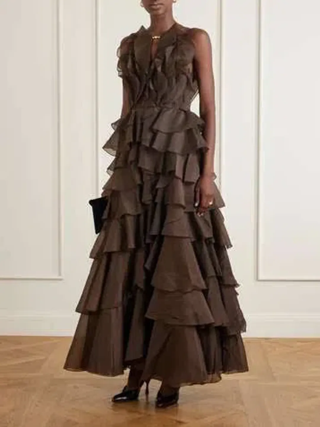 BRAND NEW🤎 AJE Cleo Gown in Carob Brown - Size 10 - Ruffle Tiered Maxi Dress 🤎 for rent on The Volte - main image