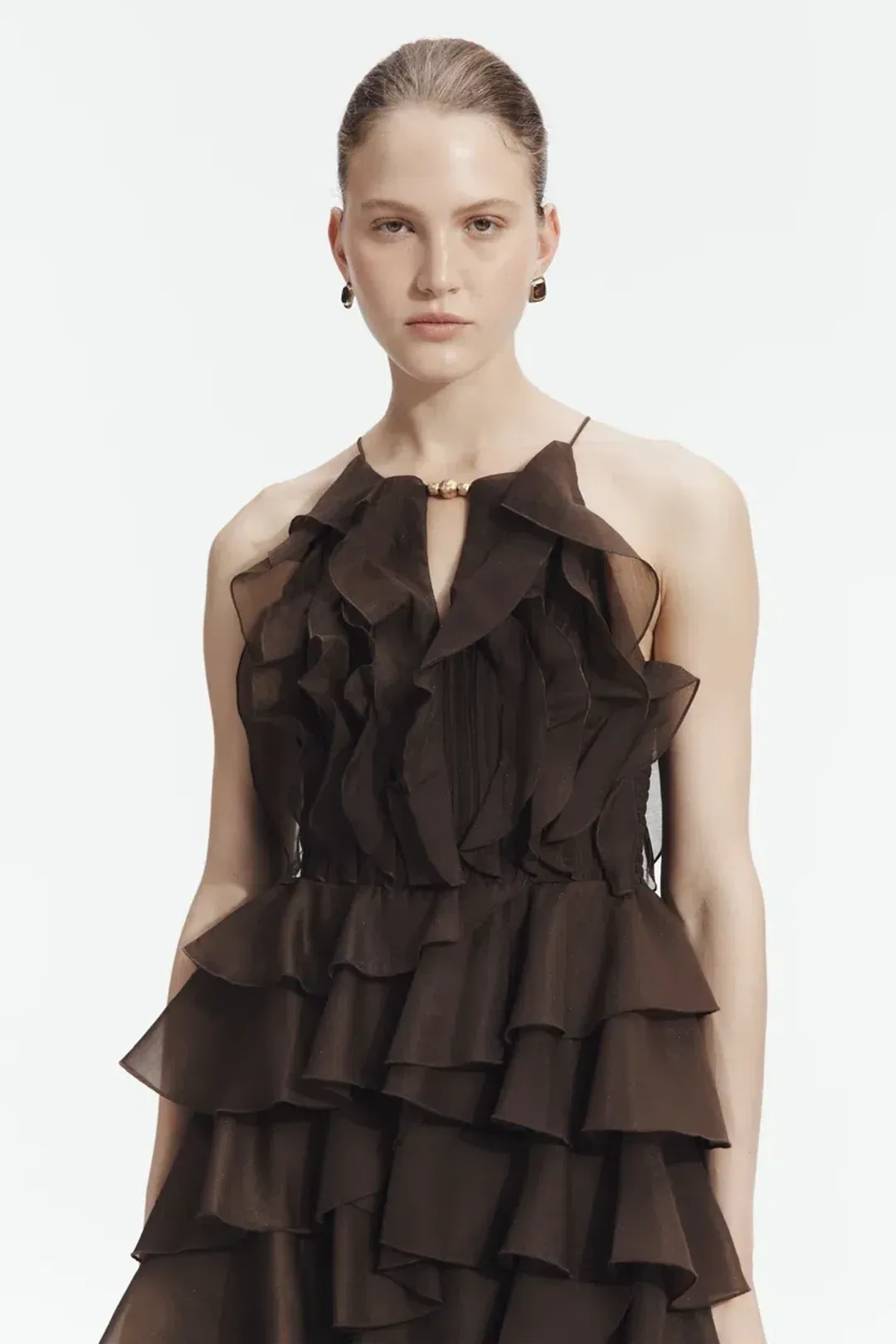 BRAND NEW🤎 AJE Cleo Gown in Carob Brown - Size 10 - Ruffle Tiered Maxi Dress 🤎 for rent on The Volte - main image