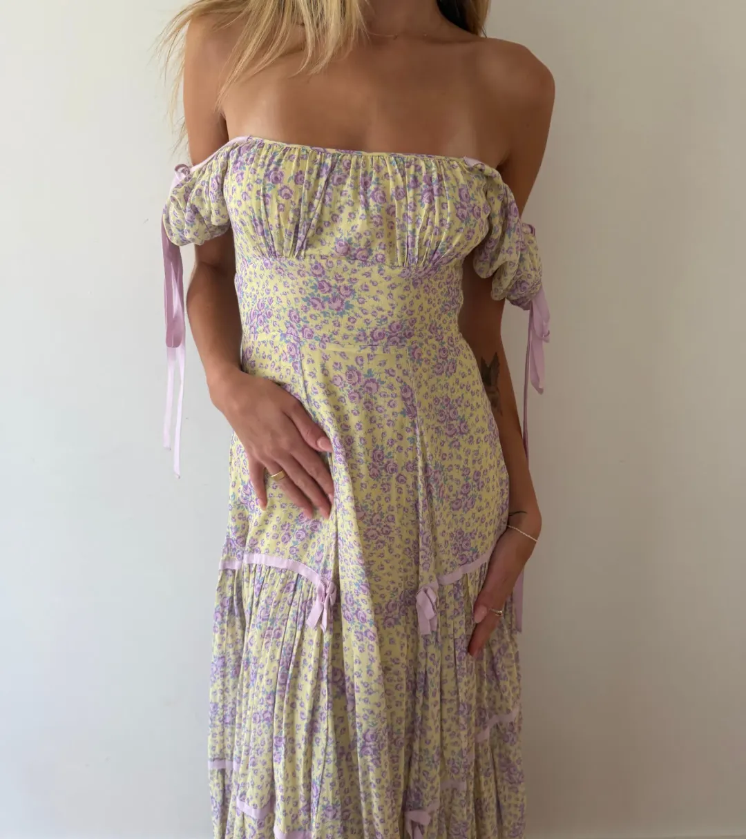 LoveShackFancy Floral Maxi Dress with Bows, size 00. for rent on The Volte - main image