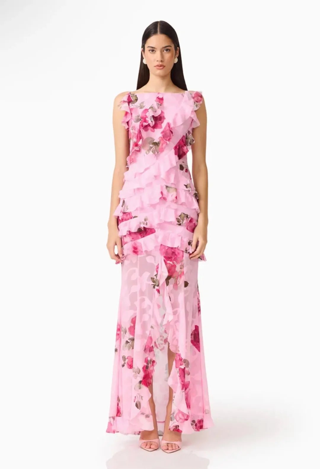 Eleanora Ruffle Gown in Pink Floral for rent on The Volte - main image