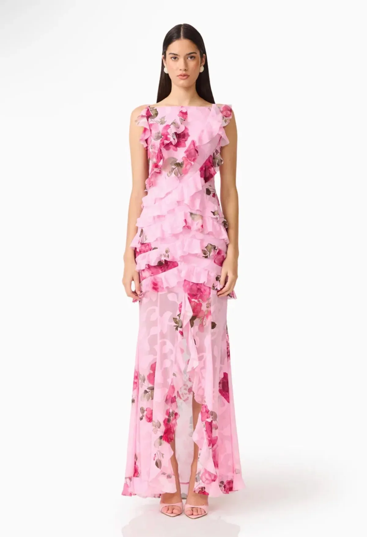Eleanora Ruffle Gown in Pink Floral - Image 1