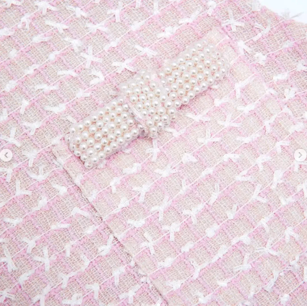 Self-Portrait Pink Bouclé Pearl Trim Mini Dress – Size 10 for rent on The Volte - main image
