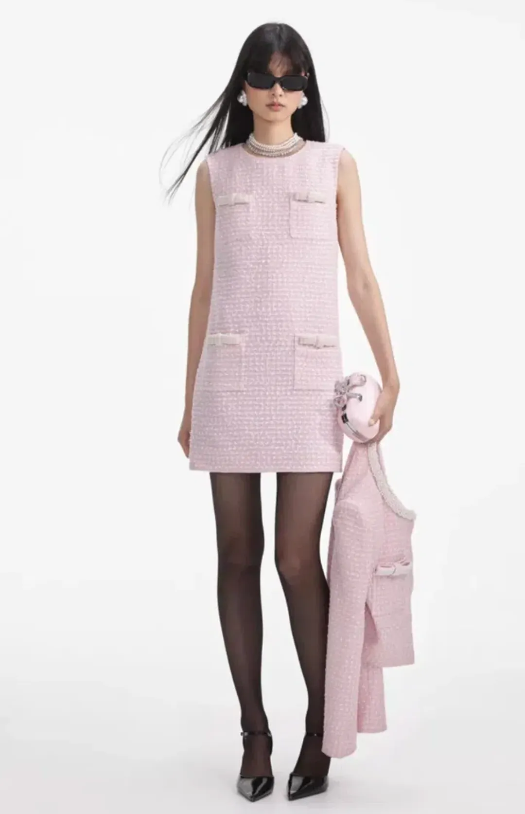 Self-Portrait Pink Bouclé Pearl Trim Mini Dress – Size 10 for rent on The Volte - main image