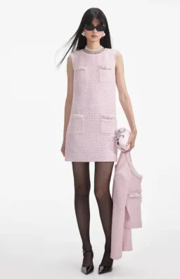 Self-Portrait Pink Bouclé Pearl Trim Mini Dress – Size 10 for rent on The Volte - image 1