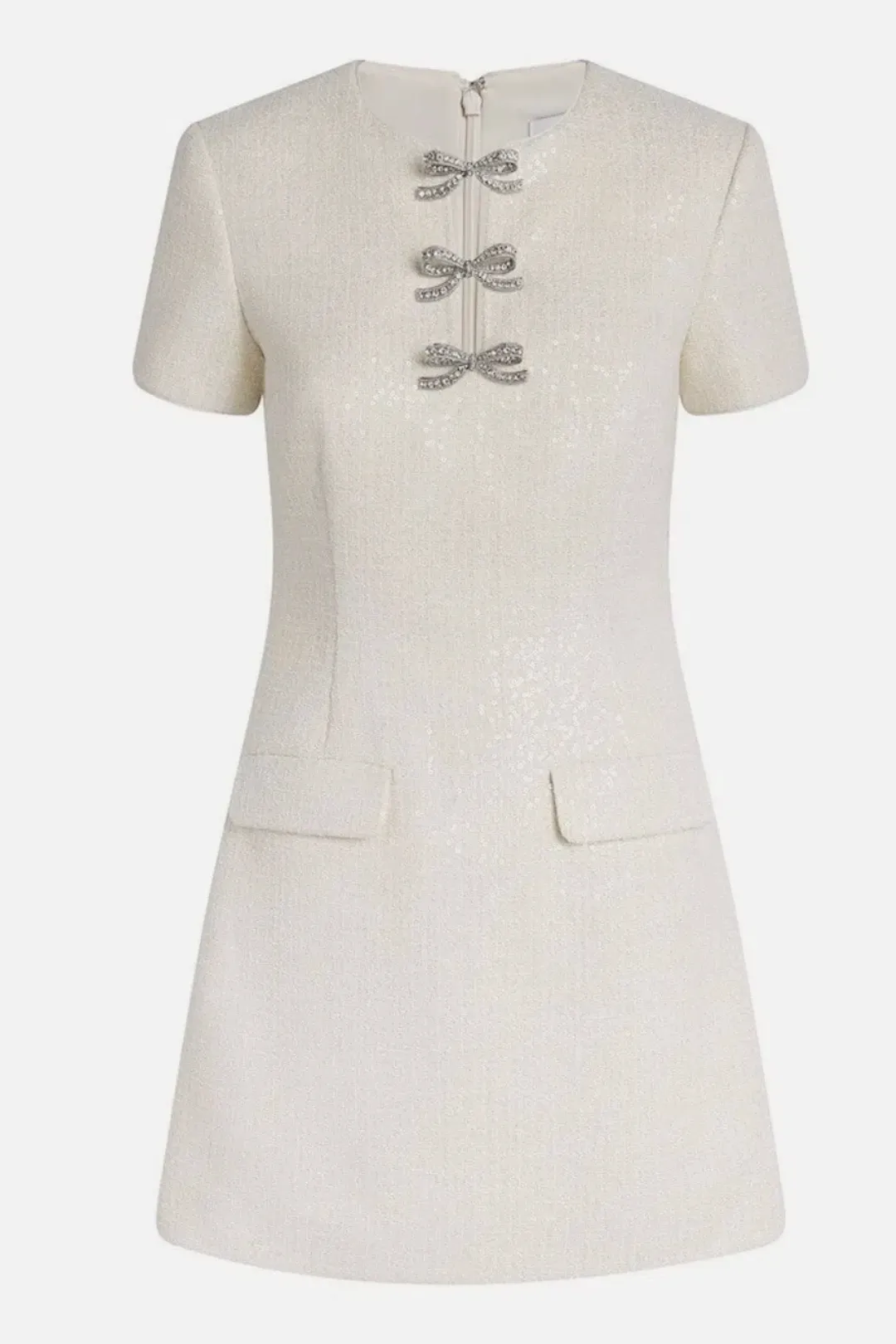 Self-Portrait Cream Sequin Bouclé Bow Mini Dress – Size 8 for rent on The Volte - main image