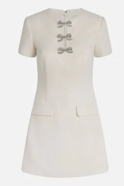Self-Portrait Cream Sequin Bouclé Bow Mini Dress – Size 8 for rent on The Volte - image 3