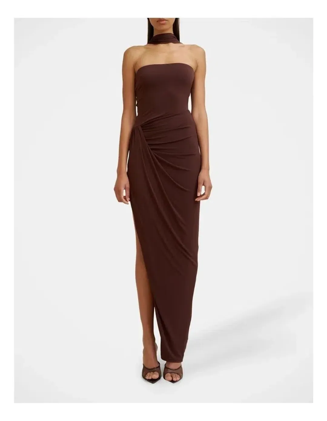 By Johnny Claire Strapless Drape Dress in Brown size 10 for rent on The Volte - main image