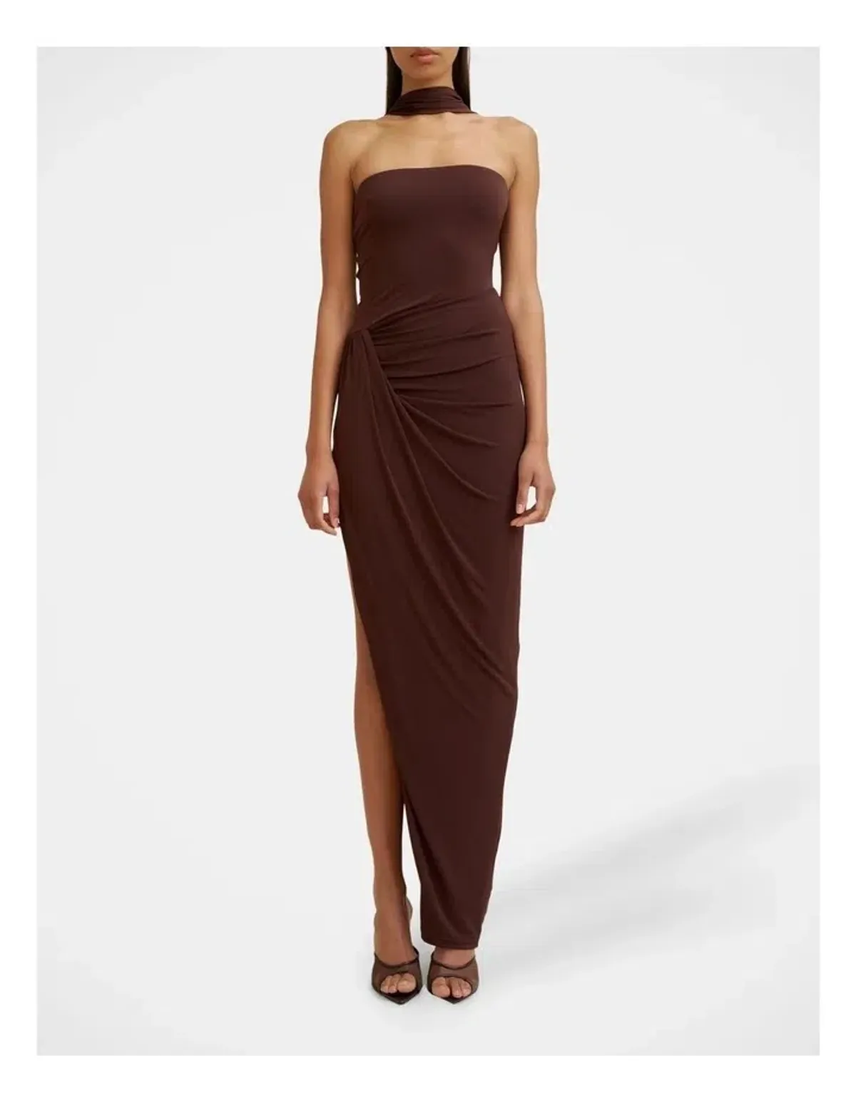By Johnny Claire Strapless Drape Dress in Brown size 10 for rent on The Volte - main image