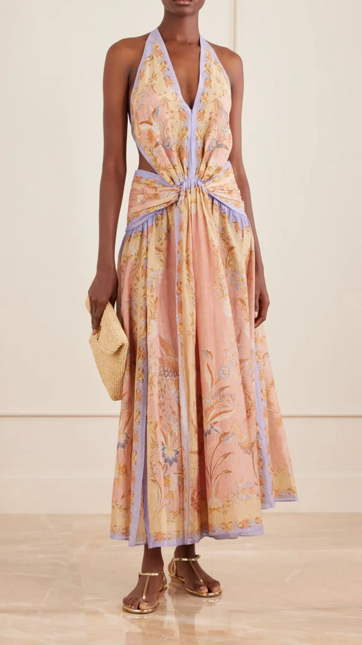 ZIMMERMANN INDRA PLUNGE HALTER MAXI DRESS Size 0P / AU 6 - Pink Scarf Floral - Image 1