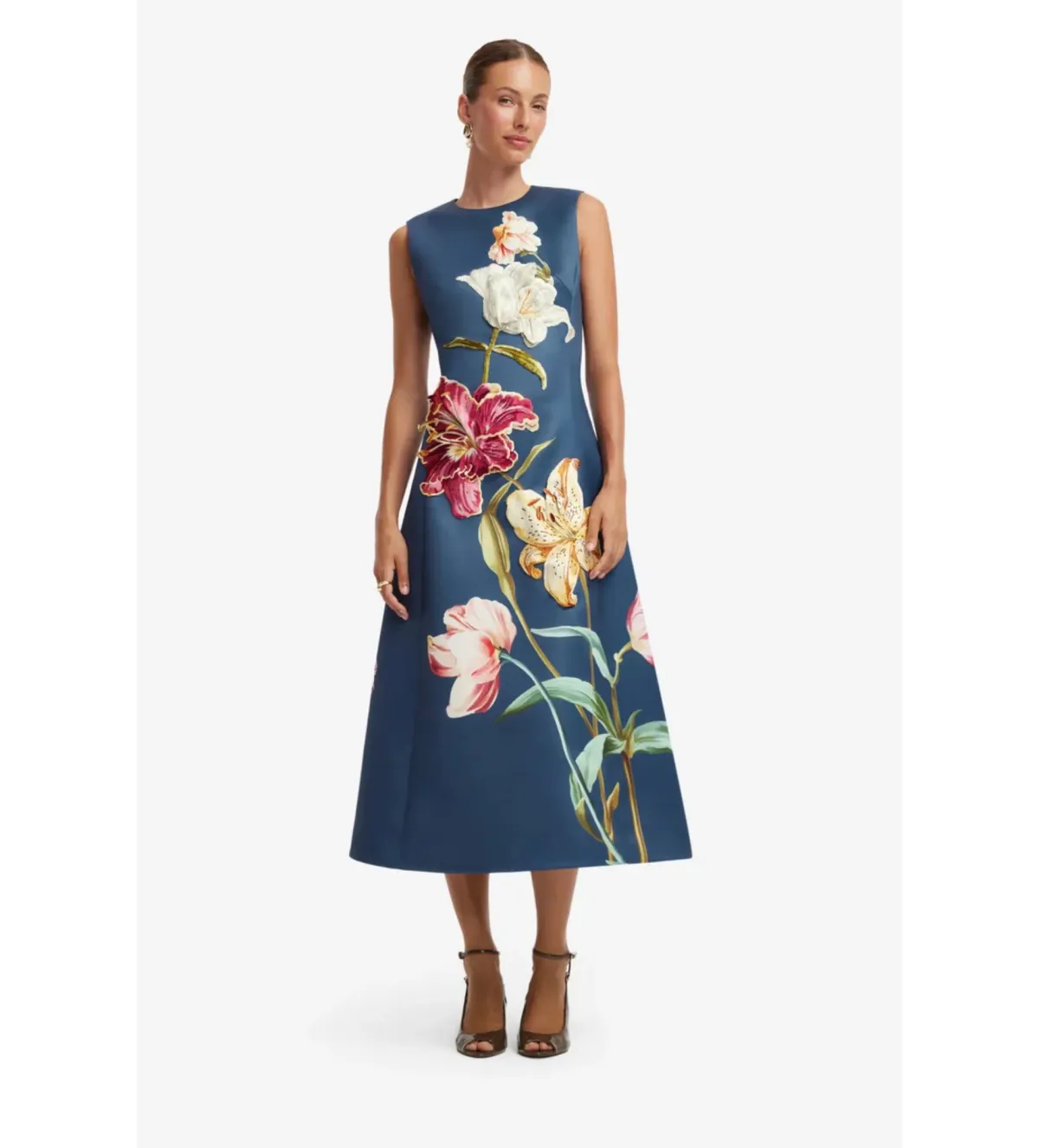 Leo Lin Cleo Embroidered Sleeveless Midi Dress in Lily Print Indigo Size AU10 - Image 1