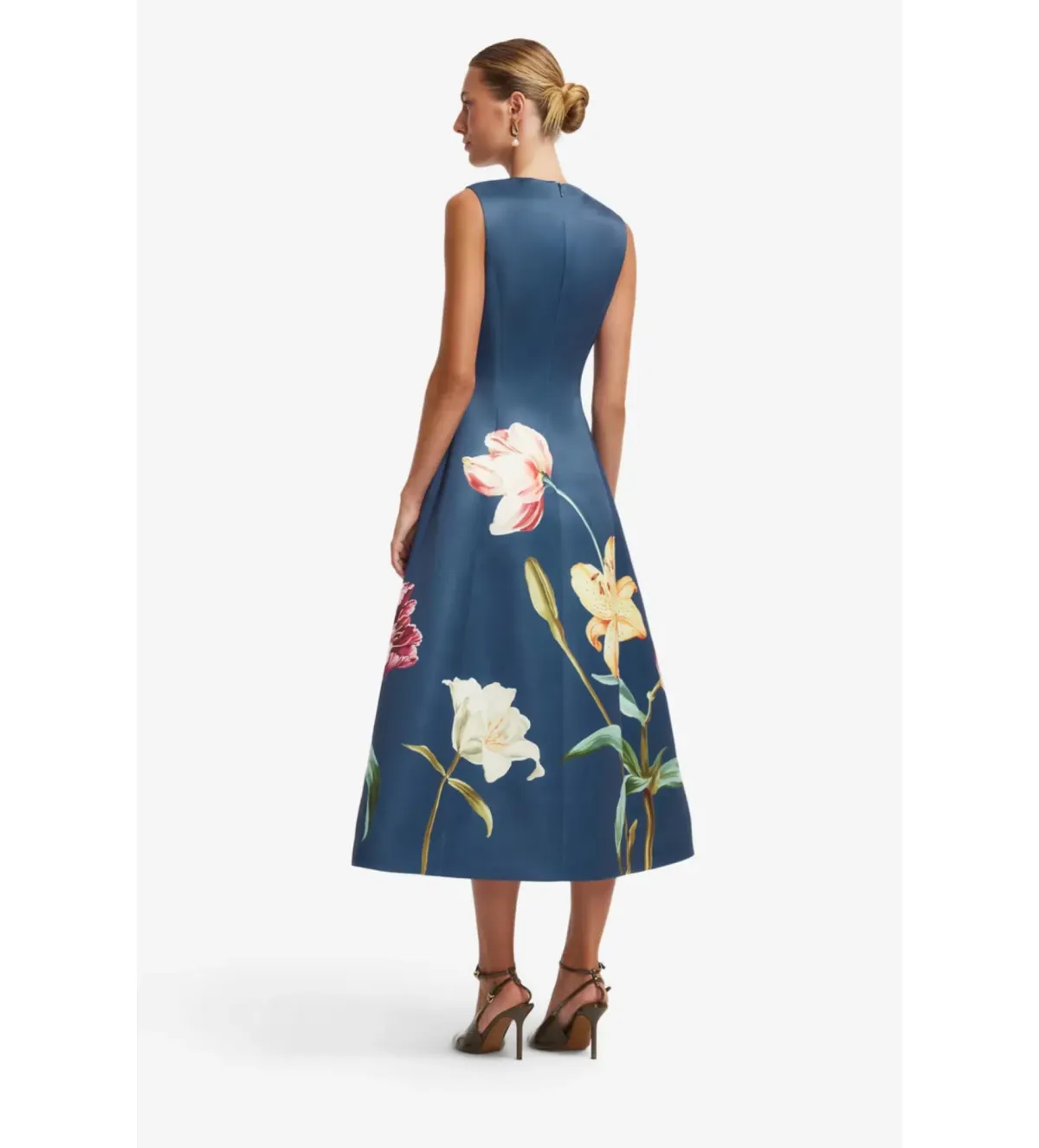 Leo Lin Cleo Embroidered Sleeveless Midi Dress in Lily Print Indigo Size AU10 - Image 3