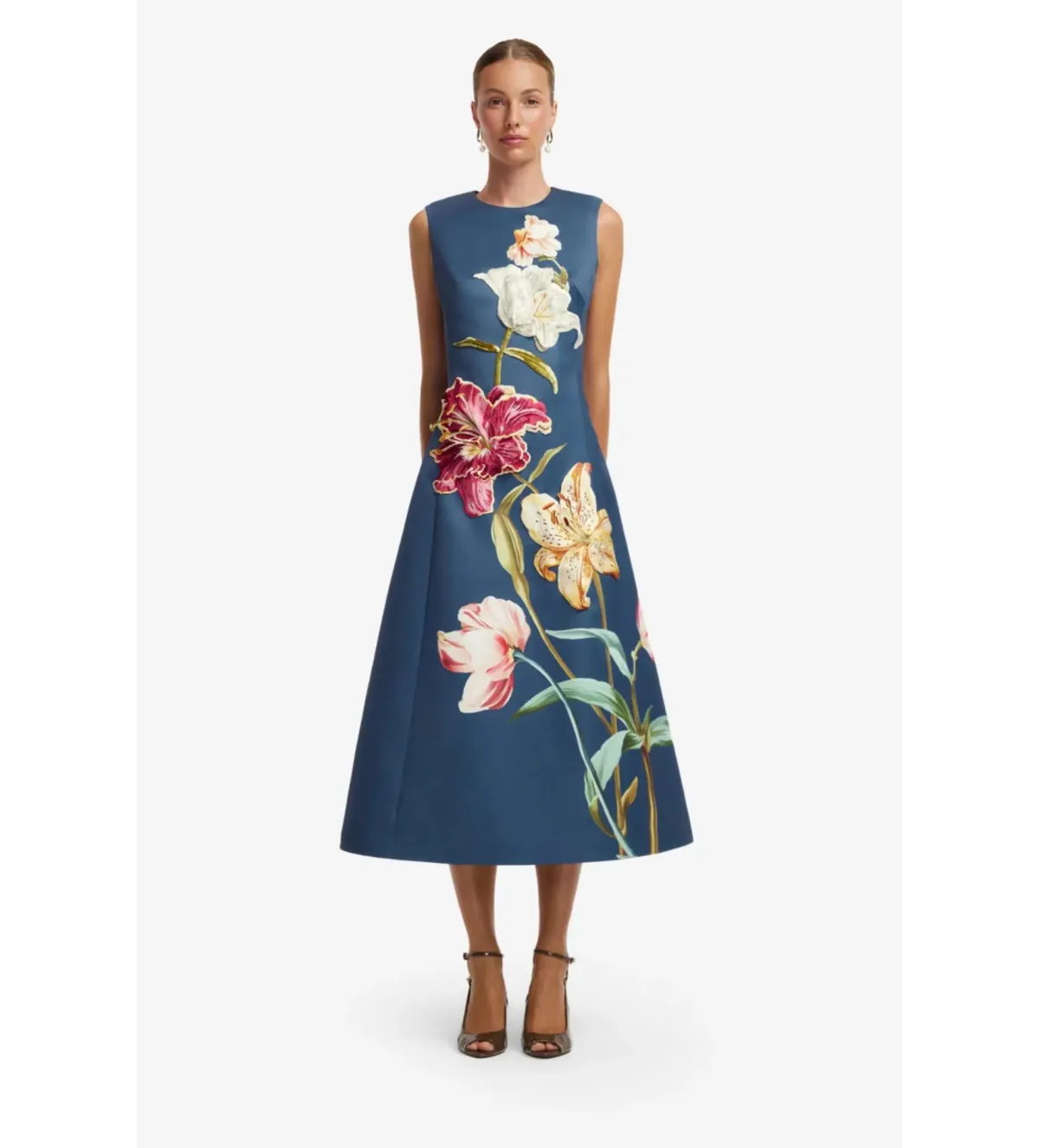 Leo Lin Cleo Embroidered Sleeveless Midi Dress in Lily Print Indigo Size AU12 - Image 1