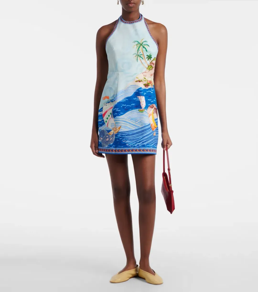 ALEMAIS Island Exclusive Halter Mini Dress Blue Print Size 10 AU for rent on The Volte - main image
