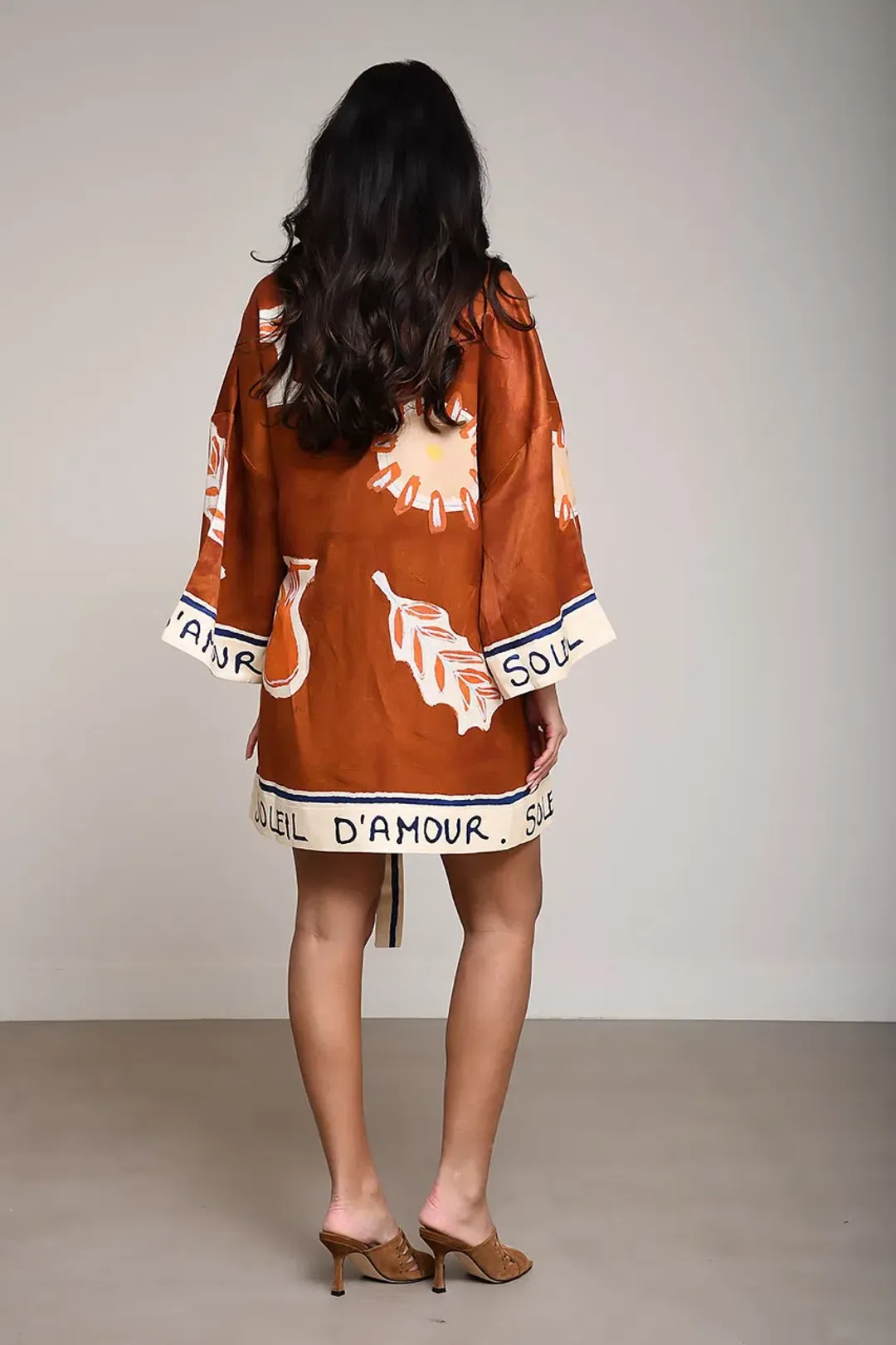 ALEMAIS Soleil D'Amour Printed Wrap Mini Dress Rust Size 8 AU for rent on The Volte - main image