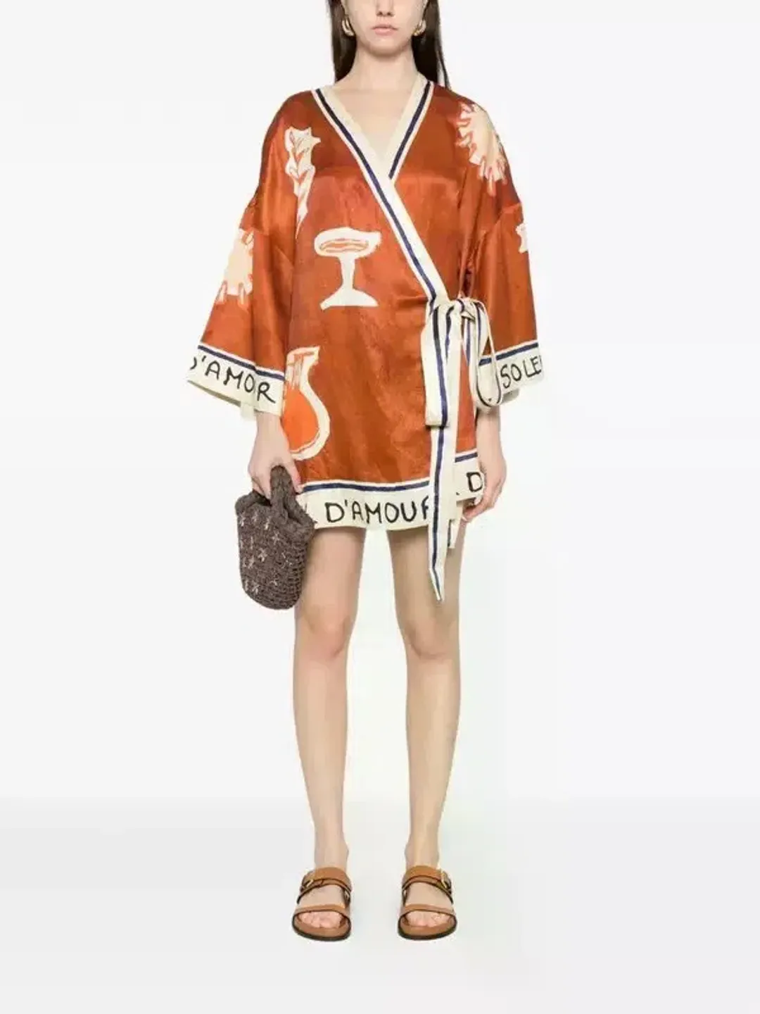 ALEMAIS Soleil D'Amour Printed Wrap Mini Dress Rust Size 8 AU for rent on The Volte - main image