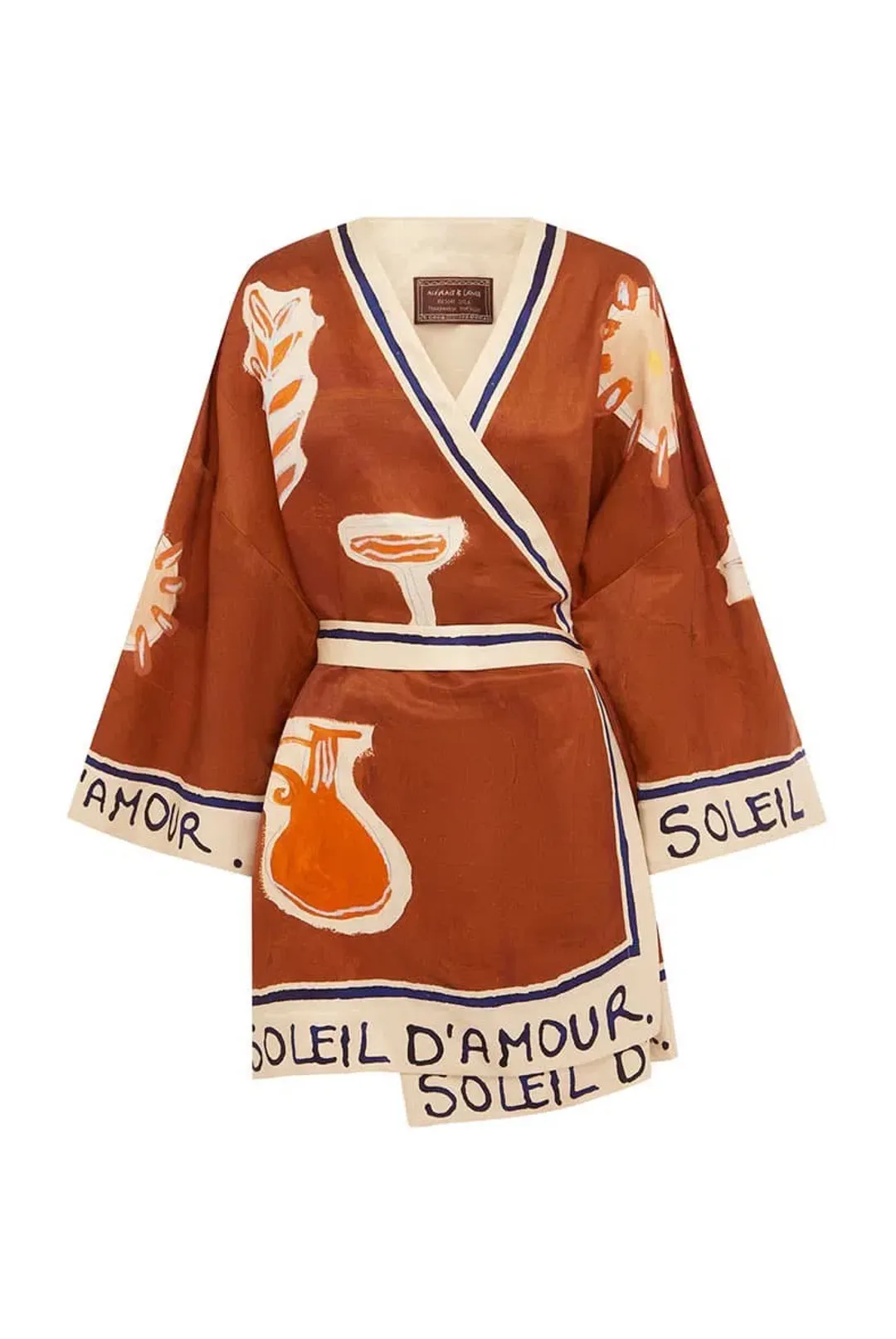 ALEMAIS Soleil D'Amour Printed Wrap Mini Dress Rust Size 8 AU for rent on The Volte - main image