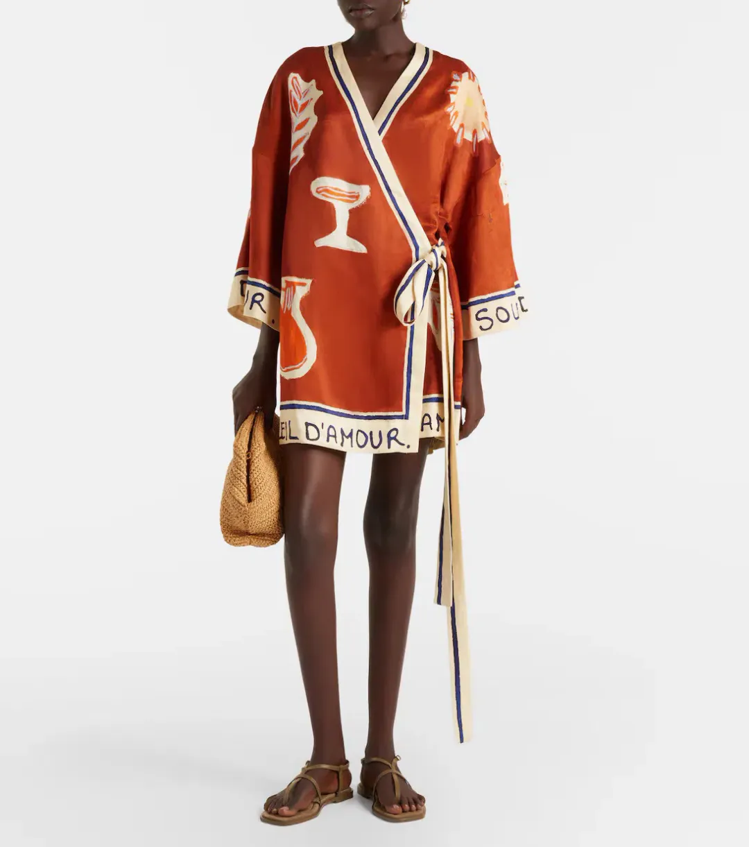 ALEMAIS Soleil D'Amour Printed Wrap Mini Dress Rust Size 8 AU for rent on The Volte - main image